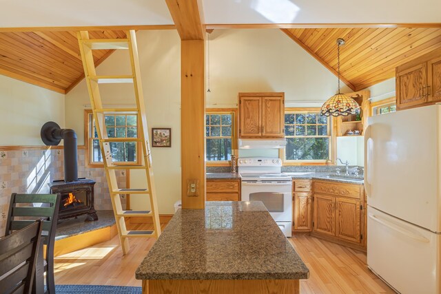 139 Havey Point Rd, Hancock, ME 04640 - kitchen with white appliances, under cabinet range hood, wooden ceiling, light wood-style floors, and high vaulted ceiling