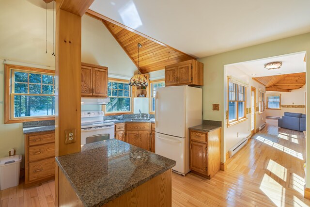 139 Havey Point Rd, Hancock, ME 04640 - kitchen with white appliances, a baseboard heating unit, brown cabinetry, and wood ceiling