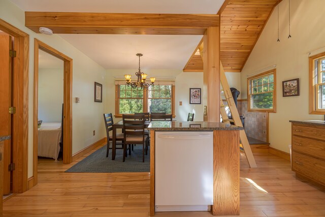 139 Havey Point Rd, Hancock, ME 04640 - kitchen featuring dishwasher, light wood-style floors, a chandelier, a kitchen island, and hanging light fixtures