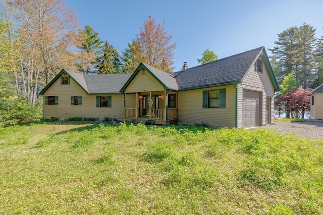 139 Havey Point Rd, Hancock, ME 04640 - ranch-style home with roof with shingles, a front lawn, a porch, a chimney, and driveway