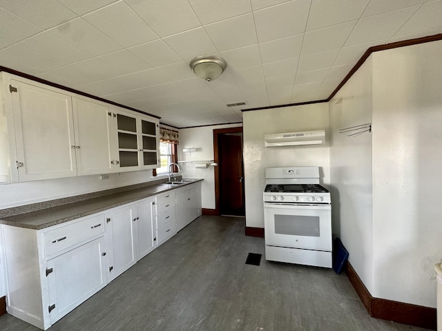 5 Polka Valley Rd, Sedgwick, ME 04676 - kitchen with gas range gas stove, under cabinet range hood, white cabinets, open shelves, and dark countertops