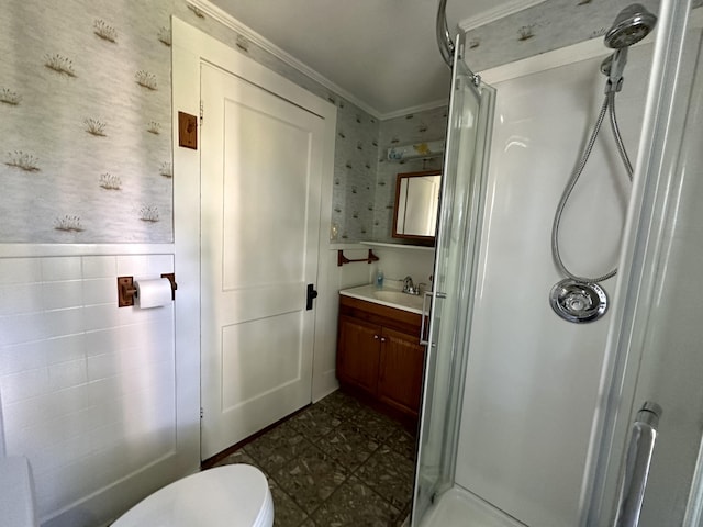 5 Polka Valley Rd, Sedgwick, ME 04676 - bathroom with wallpapered walls, a stall shower, vanity, crown molding, and wainscoting
