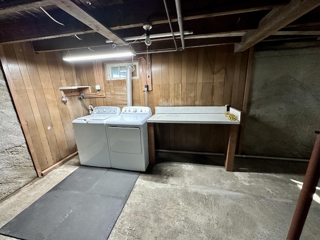 5 Polka Valley Rd, Sedgwick, ME 04676 - laundry area featuring washing machine and dryer and wood walls