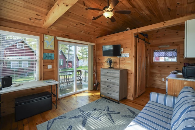 1270 Lakeview Dr Unit 11, China, ME 04358 - living area with light wood finished floors, wood walls, a ceiling fan, an office area, and wooden ceiling