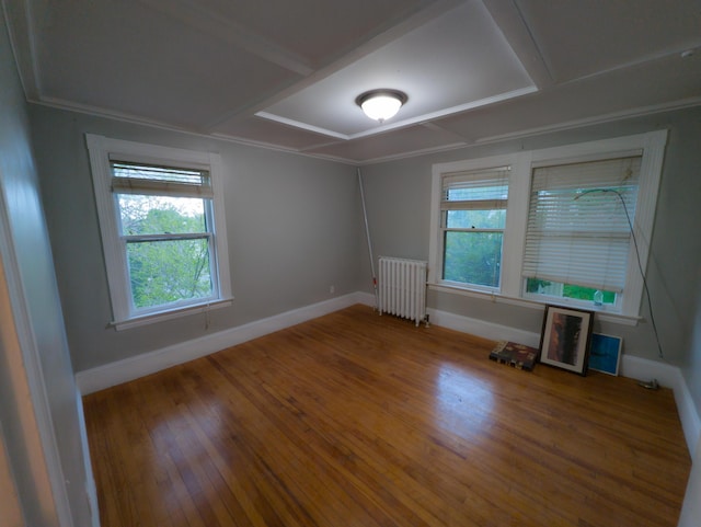 empty room with radiator, baseboards, and wood finished floors