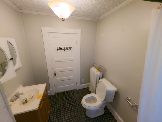 bathroom featuring radiator, an ornate ceiling, tile patterned floors, vanity, and toilet
