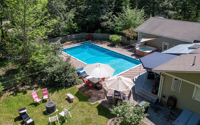 19 Brookside Dr, Falmouth, ME 04105 - view of pool featuring an outdoor fire pit, outdoor dining area, a patio area, and a hot tub