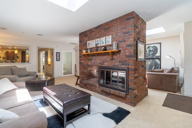 19 Brookside Dr, Falmouth, ME 04105 - carpeted living area with a skylight and a brick fireplace