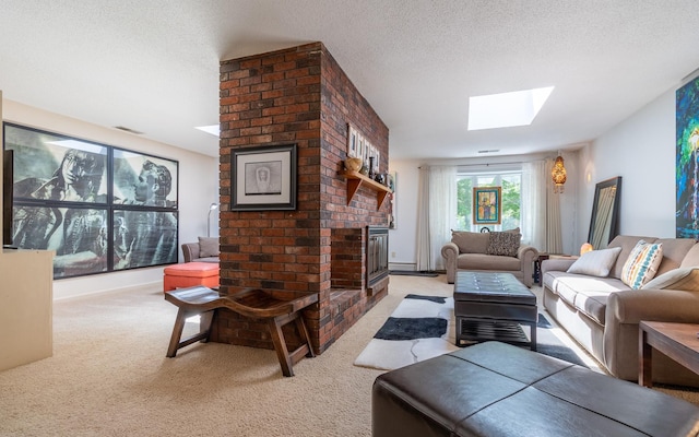 19 Brookside Dr, Falmouth, ME 04105 - carpeted living room with a skylight, a brick fireplace, and a textured ceiling