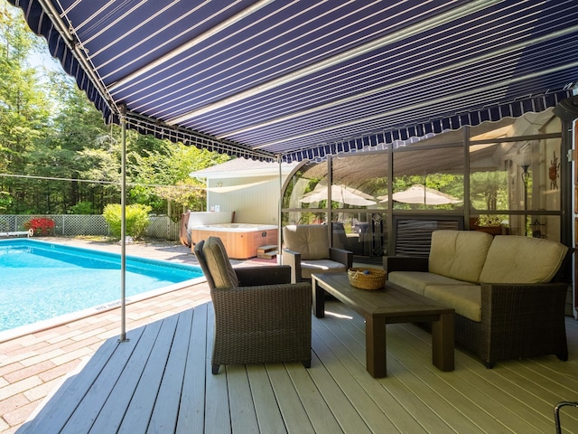 19 Brookside Dr, Falmouth, ME 04105 - wooden deck with a hot tub, outdoor lounge area, and fence