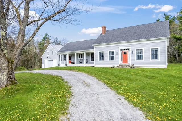 246 Coombs Rd, Brunswick, ME 04011 - cape cod house featuring a porch, a chimney, a front yard, gravel driveway, and roof with shingles
