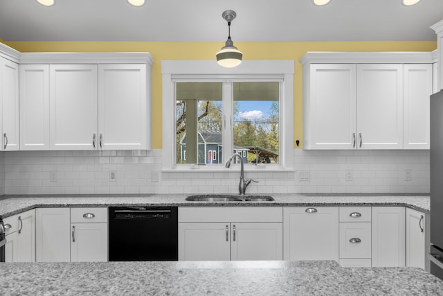 246 Coombs Rd, Brunswick, ME 04011 - kitchen with dishwasher, a sink, white cabinetry, decorative light fixtures, and recessed lighting