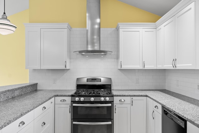 246 Coombs Rd, Brunswick, ME 04011 - kitchen featuring double oven range, lofted ceiling, wall chimney range hood, black dishwasher, and white cabinetry