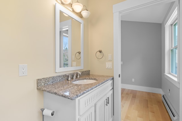 246 Coombs Rd, Brunswick, ME 04011 - bathroom with baseboard heating, wood finished floors, and vanity