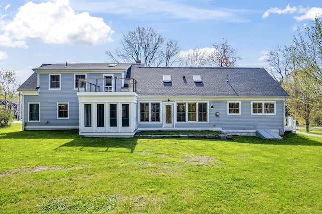 246 Coombs Rd, Brunswick, ME 04011 - back of house with a balcony, a lawn, a shingled roof, and a chimney