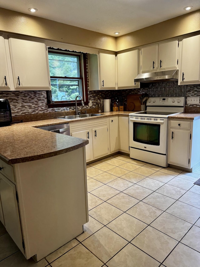 74 Fields Pond Rd, Holden, ME 04429 - kitchen featuring white electric range, a sink, under cabinet range hood, light tile patterned floors, and backsplash
