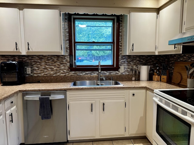 74 Fields Pond Rd, Holden, ME 04429 - kitchen with stainless steel dishwasher, a sink, under cabinet range hood, white range with electric stovetop, and backsplash