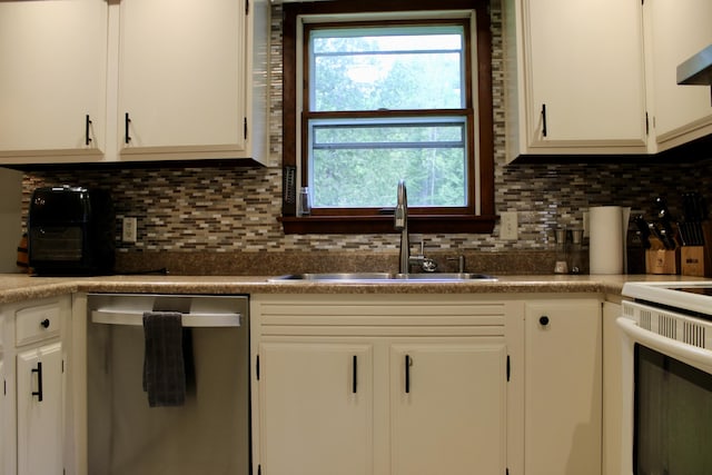 74 Fields Pond Rd, Holden, ME 04429 - kitchen featuring dishwasher, a sink, white electric range oven, backsplash, and white cabinets