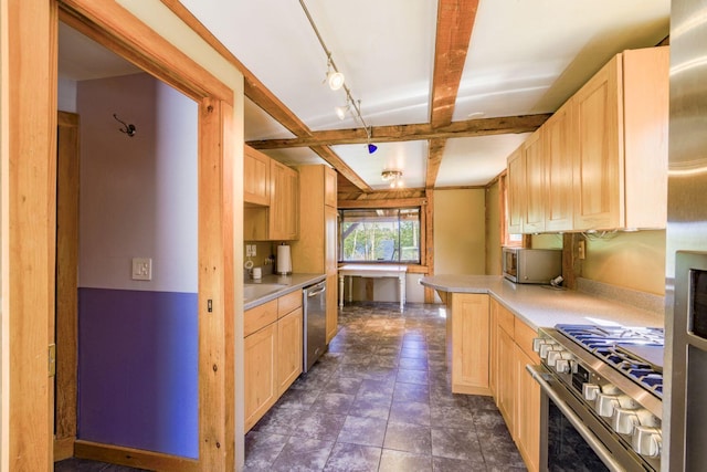 40 Birch Way, Stetson, ME 04488 - kitchen with light brown cabinets, stainless steel appliances, light countertops, and beam ceiling