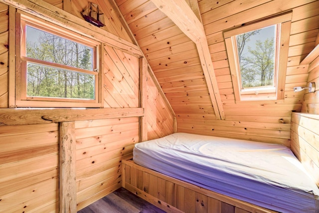 40 Birch Way, Stetson, ME 04488 - bedroom featuring a relaxing sauna, wooden walls, multiple windows, lofted ceiling, and wooden ceiling