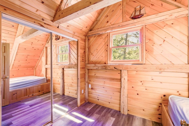 40 Birch Way, Stetson, ME 04488 - unfurnished bedroom featuring wood walls, wood finished floors, a sauna / steam room, and wooden ceiling