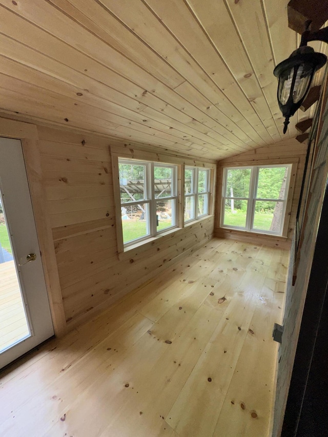 40 Birch Way, Stetson, ME 04488 - empty room with lofted ceiling, light wood-style flooring, wooden ceiling, and wooden walls