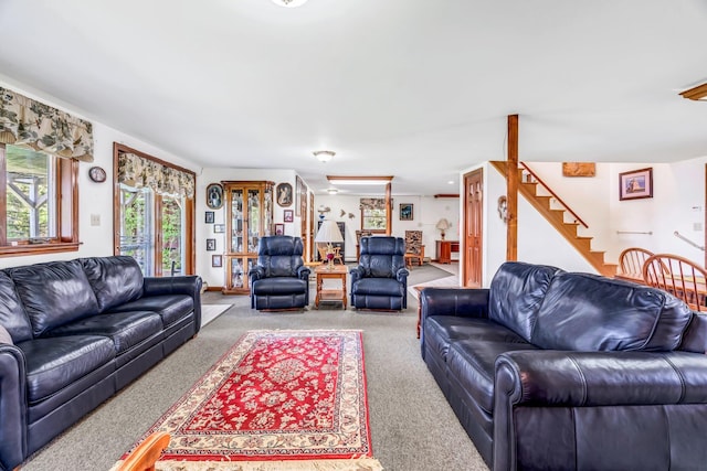 117 Pinkhams Cove Rd, Belgrade, ME 04917 - living room with carpet flooring and stairway