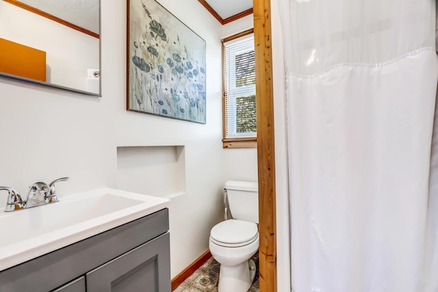 117 Pinkhams Cove Rd, Belgrade, ME 04917 - full bathroom with crown molding, vanity, toilet, baseboards, and a shower with curtain