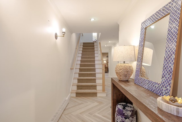 staircase with crown molding, recessed lighting, and baseboards