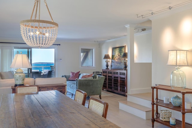 dining space with crown molding, a chandelier, wood finished floors, and rail lighting
