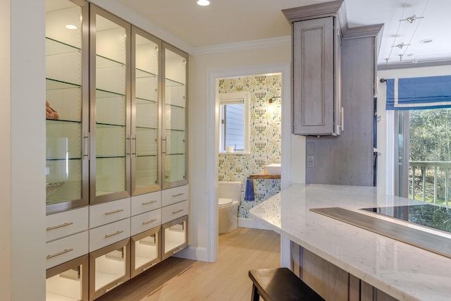 bathroom with wood finished floors, toilet, crown molding, vanity, and recessed lighting