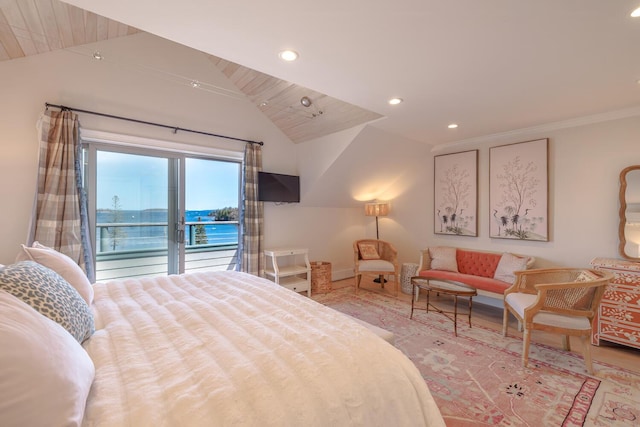 bedroom with lofted ceiling, access to outside, recessed lighting, light wood-style floors, and baseboards