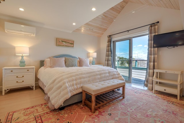 bedroom with a wall unit AC, access to outside, vaulted ceiling, recessed lighting, and wooden ceiling