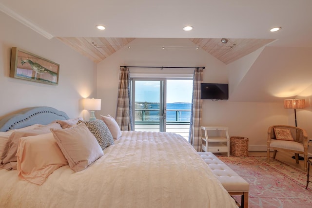 bedroom with lofted ceiling, wood ceiling, access to outside, and recessed lighting