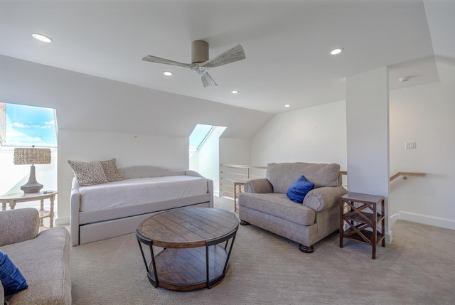 carpeted bedroom featuring recessed lighting, ceiling fan, vaulted ceiling, and baseboards