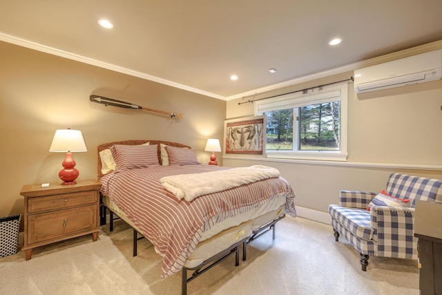 bedroom with a wall mounted AC, light colored carpet, ornamental molding, recessed lighting, and baseboards