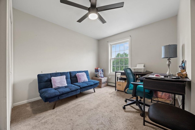 107 Elm St, South Portland, ME 04106 - home office featuring ceiling fan, a baseboard heating unit, carpet flooring, and baseboards