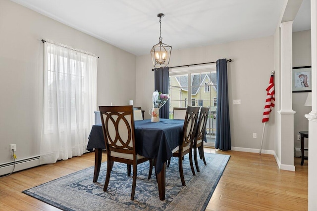 107 Elm St, South Portland, ME 04106 - dining room featuring light wood-type flooring, a chandelier, baseboards, and baseboard heating