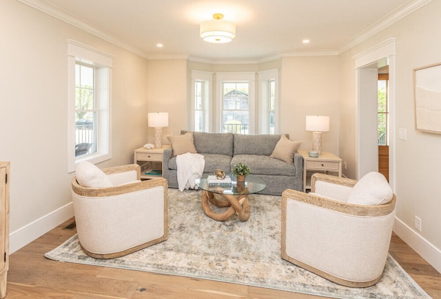 104 Woodbridge Rd, York, ME 03909 - living room featuring wood finished floors, baseboards, crown molding, and recessed lighting