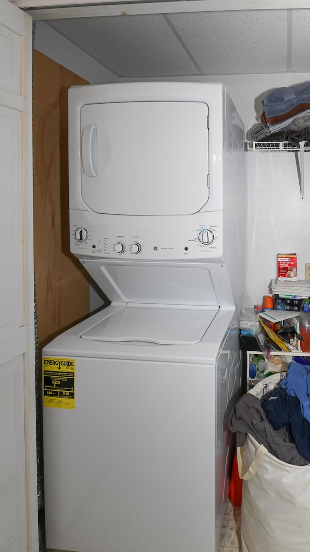 19 Pine Acres Dr, Cornish, ME 04020 - laundry room featuring stacked washer / dryer