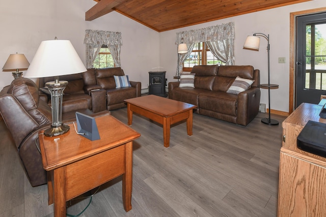 19 Pine Acres Dr, Cornish, ME 04020 - living area featuring wooden ceiling, wood finished floors, healthy amount of natural light, a baseboard heating unit, and baseboards