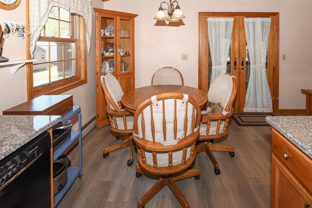 19 Pine Acres Dr, Cornish, ME 04020 - dining room with a chandelier, dark wood finished floors, french doors, and a baseboard radiator