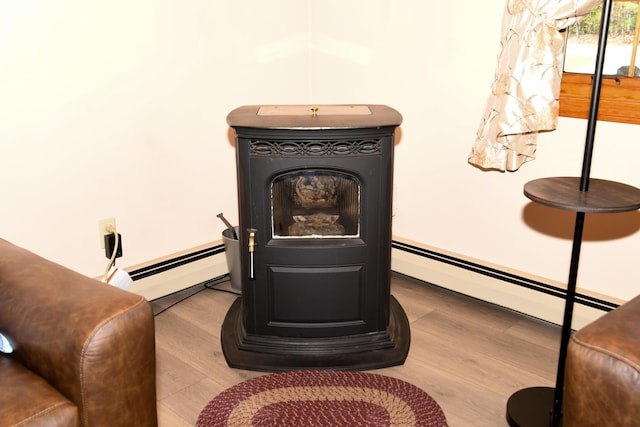 19 Pine Acres Dr, Cornish, ME 04020 - detailed view of a baseboard heating unit, a wood stove, and wood finished floors