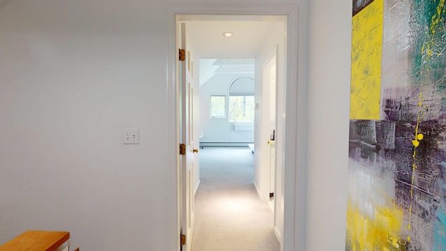 28 Meadow Ln, Brewer, ME 04412 - hallway featuring a baseboard heating unit and carpet floors