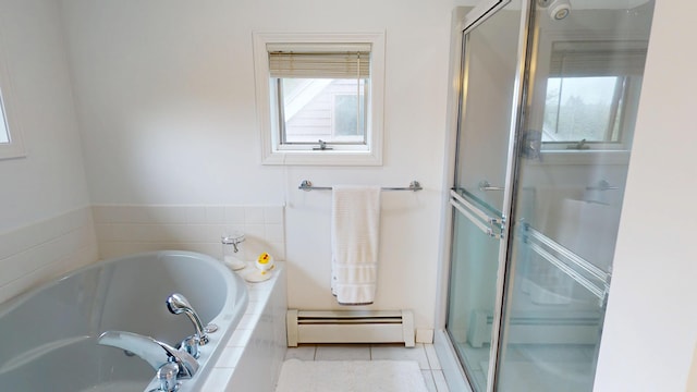 28 Meadow Ln, Brewer, ME 04412 - full bath featuring a baseboard radiator, a shower stall, a garden tub, and tile patterned flooring