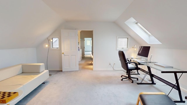 28 Meadow Ln, Brewer, ME 04412 - carpeted home office with a skylight, lofted ceiling, and baseboards