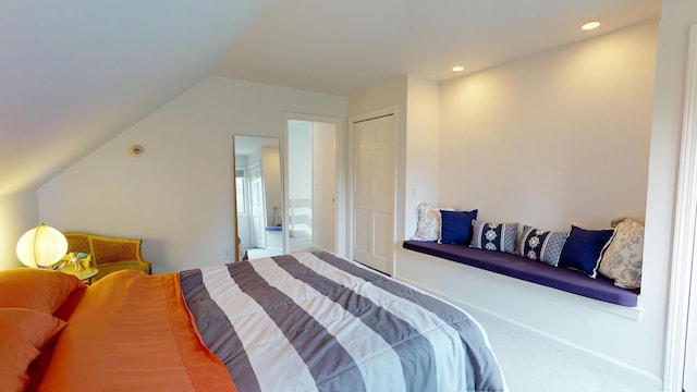 28 Meadow Ln, Brewer, ME 04412 - bedroom featuring vaulted ceiling, carpet floors, recessed lighting, and a closet