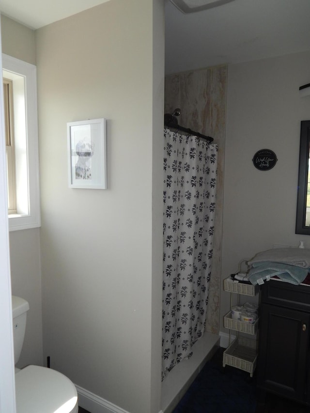80 Pasture Ln, Brownfield, ME 04010 - full bathroom featuring vanity, a shower with curtain, toilet, and baseboards