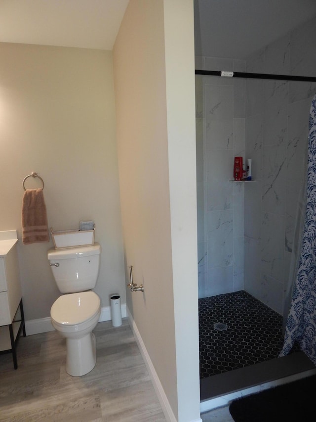 80 Pasture Ln, Brownfield, ME 04010 - bathroom with toilet, a stall shower, wood finished floors, and baseboards