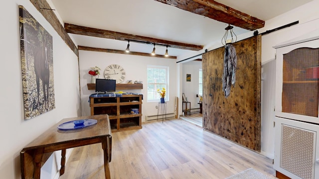 76 School St, Baldwin, ME 04024 - foyer entrance featuring a barn door, baseboard heating, light wood-type flooring, and beam ceiling